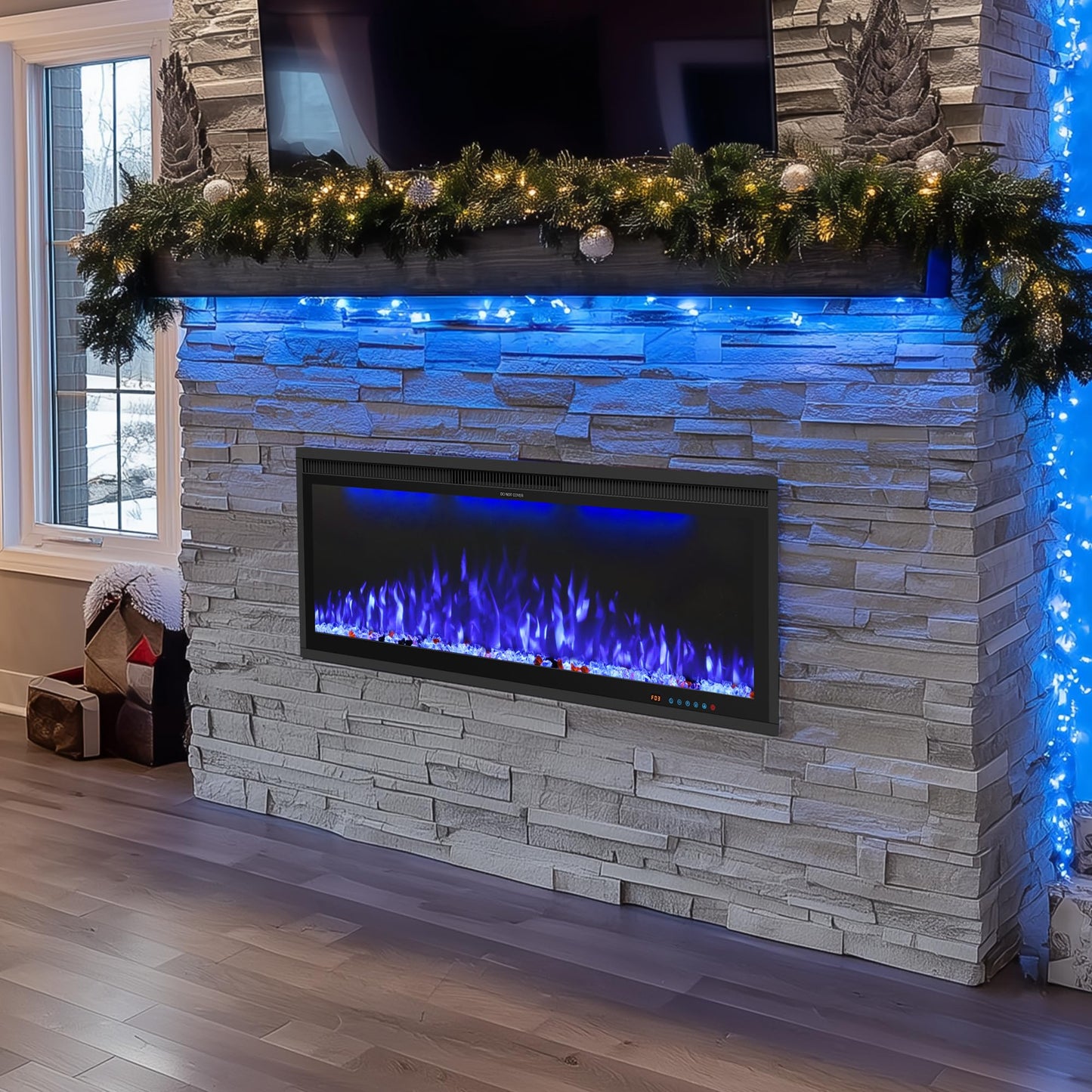60" WiFi Electric Fireplace Insert, Ultra-Narrow Bezel Fireplace Heater with APP Control, 3 Top Light Colors, 13 Flame & Fuel Bed Colors, 9H Timer, Recessed/Wall Mounted, 750/1500W, Black