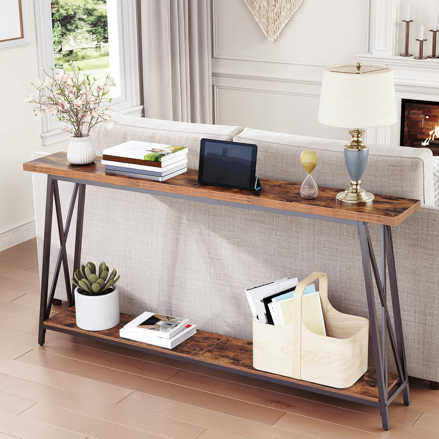 MAHANCRIS Console Table, 63" Industrial Entryway Table, Extra Long Sofa Table Behind Couch, X-Shaped Support, for Entryway, Hallway, Living Room, Rustic Brown CTHR4801Z