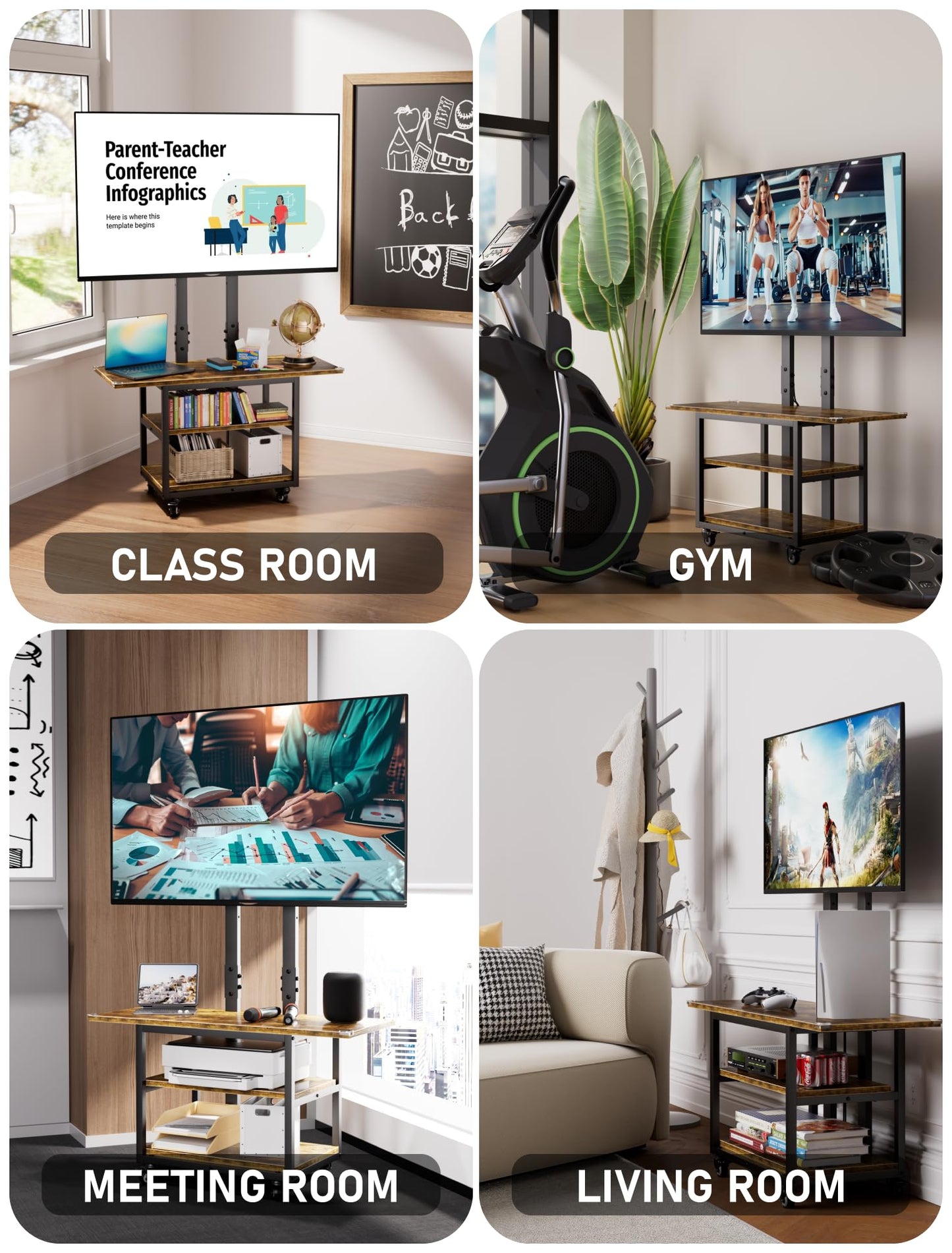 EZISE Heavy Duty Mobile TV Cart with 3-Tier Shelves, Height Adjustable Rolling TV Stand for 32-75 inch TVs up to 150 lbs, Portable TV Stand with Wheels for Home & Office, Max VESA 600×400mm(Retro)
