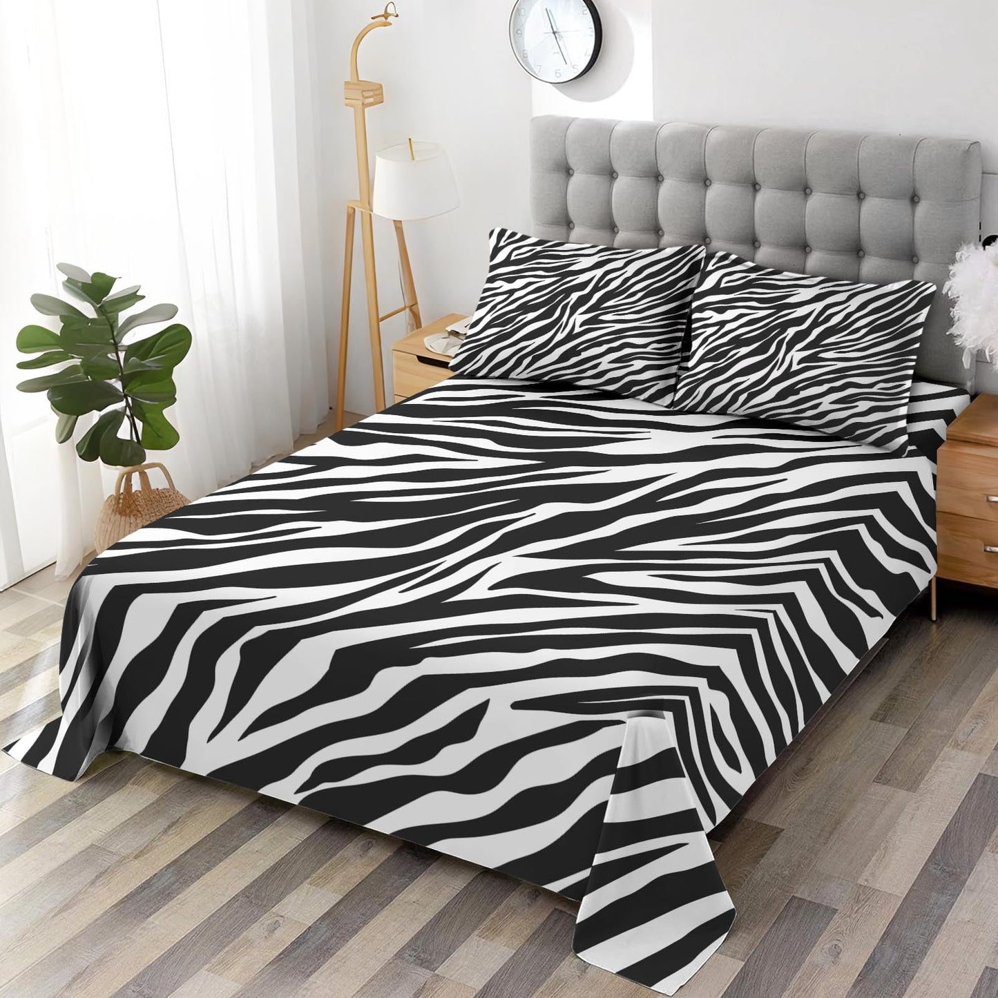 Pamnest Queen Size Bed Sheet Sets, Tiger Zebra Stripe Animal Soft Microfiber 4 Pcs Bedding Sets for Kids and Adults Bedroom Bed Decor, Black White Flat, Fitted Sheet and Pillowcases