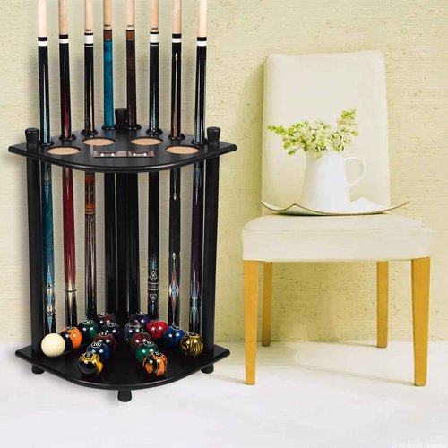 Billmart Pool Stick Holder Floor Stand, Solid Wood Billiard Pool Cue Rack, Pool Table Accessories (Black)