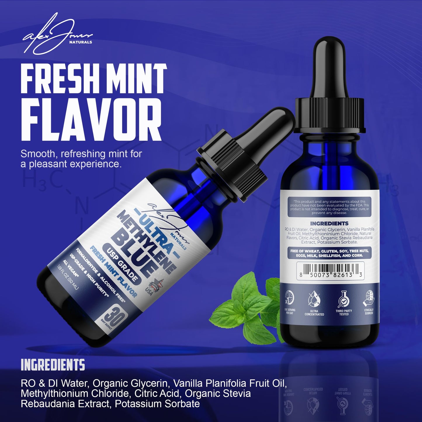 Alex Jones Ultra Methylene Blue Drops 1% USP Grade High Purity Solution – Fresh Mint Flavored, 50 mL (1.69 fl oz) Dropper Bottle – Organic Methylene Blue - 30 Day Supply