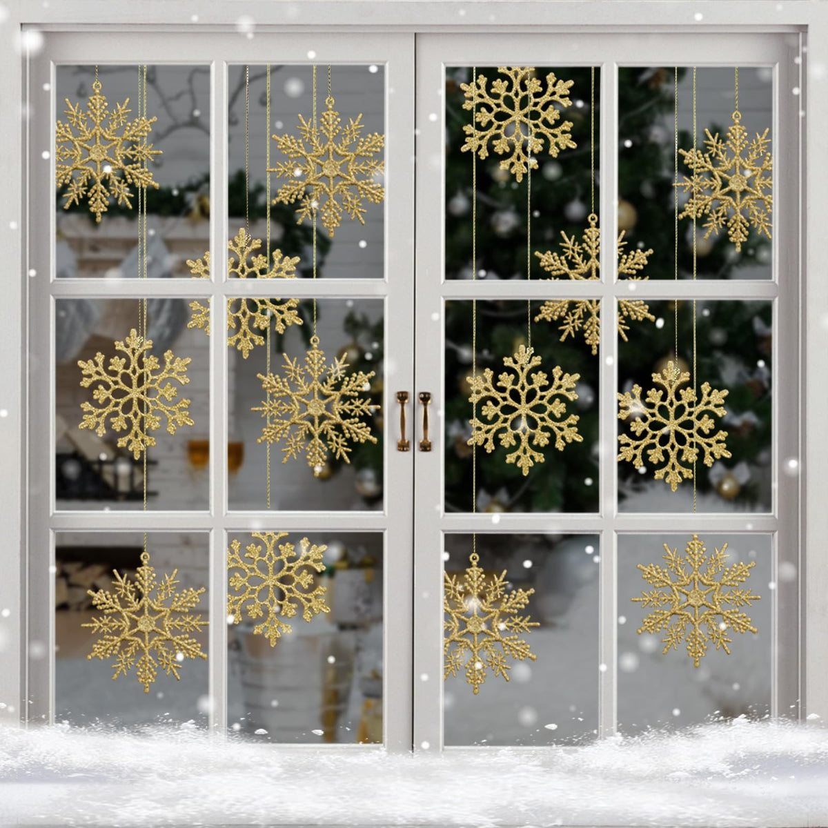 36PCS Christmas Snowflake Ornaments, Hanging Snowflake Decorations for Winter Wonderland Christmas Tree Decorations, 4-inch, Gold