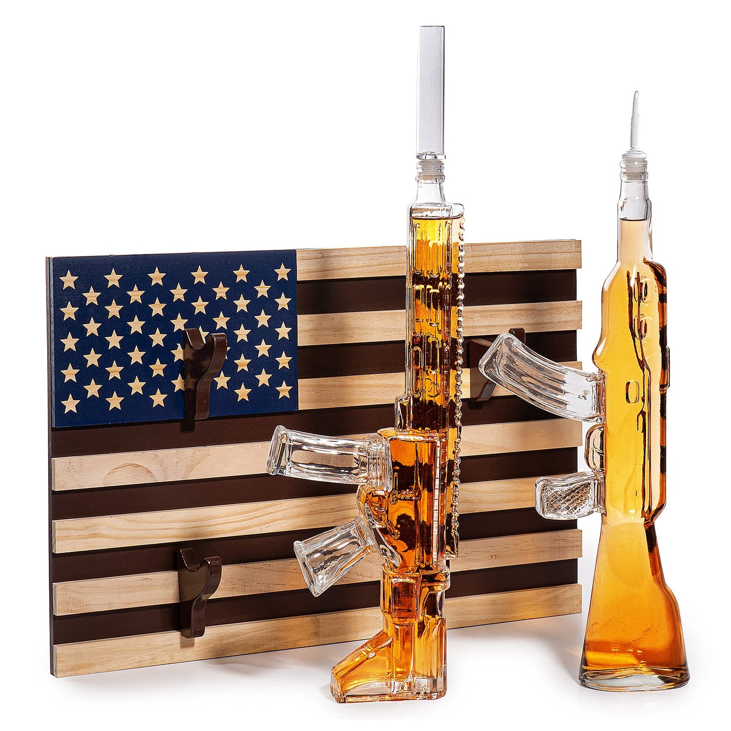 Gifts for Men Dad, Whiskey Decanter Set, 2 Gun Whiskey Decanters Set AR15 and AK47 Gun Decanter 1000ml American Flag Wall Rack - Veteran Gifts, Gun Lover Gifts, Tik Tok Gun Decanter, Military Gifts