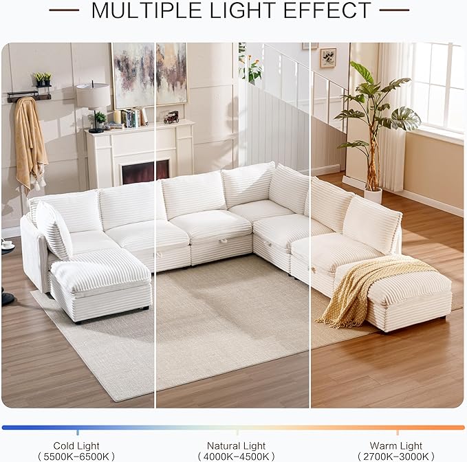 FIRLZY Oversized Modular 8 Seater Sofa with Removable Covers and Storage, Convertible U, L-Shaped and Sleeper Sectional, Modern Corduroy Couches with Ottoman Chaise for Living Room, White