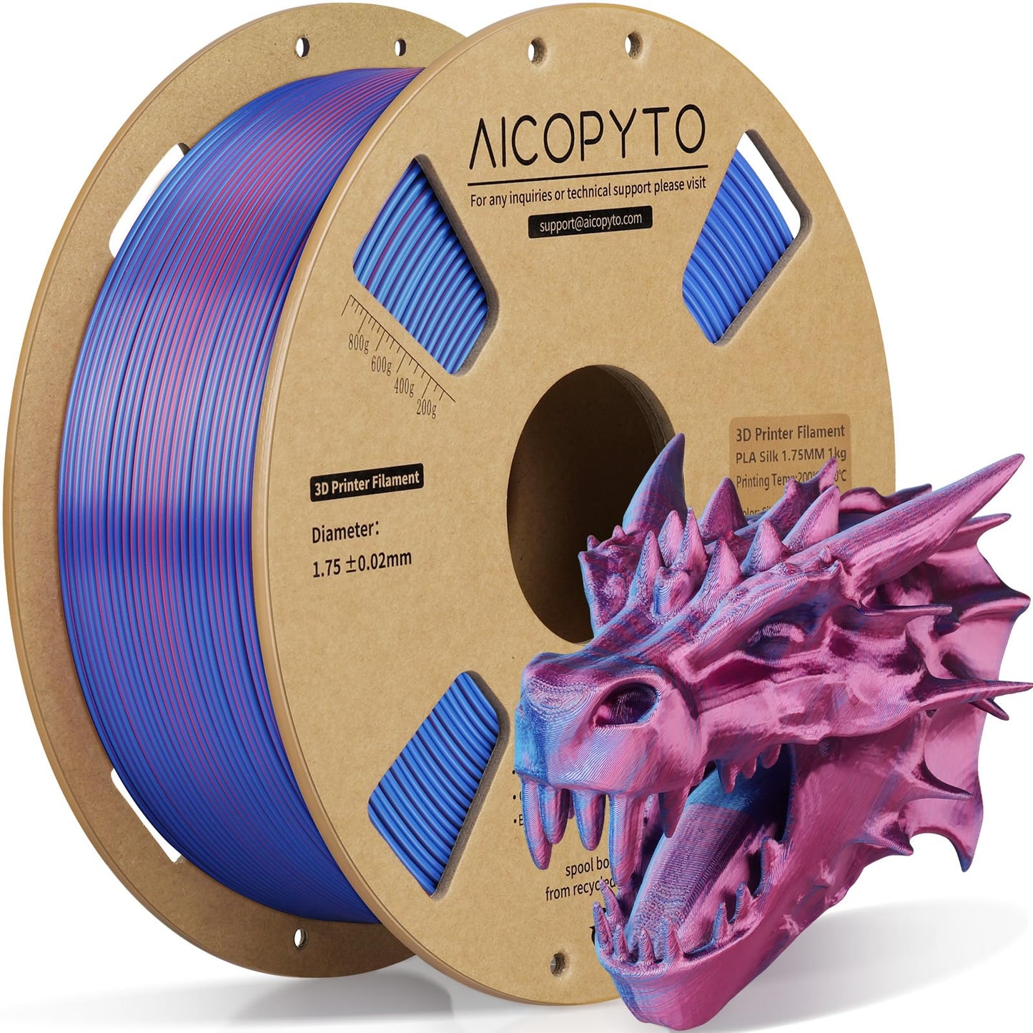 AICOPYTO Dual Color Silk PLA 3D Printer Filament 1.75mm, Dual Color 2-in-1 Red-Blue Silk Filament 1KG Spool (2.2lbs) Dimensional