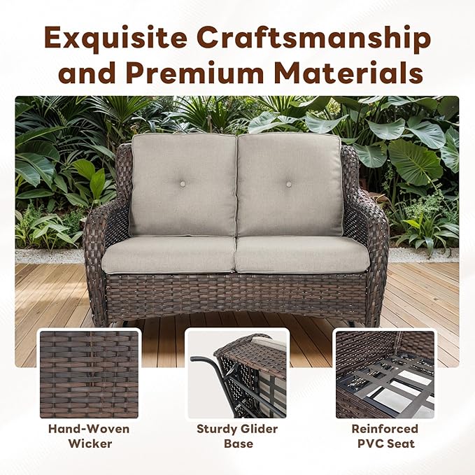 Belord 5 Piece Outdoor Patio Furniture Set - Outdoor Conversation Couch and Loveseat Glider Chair Furniture Set with Rattan Coffee Table for Deck Balcony Poolside Brown Wicker/Grey Cushions