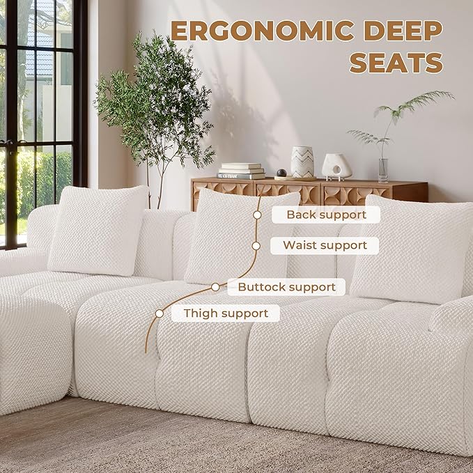 104" Modern L Shaped Modular Sectional Sofa, 4 Seater Convertible Chenille Cloud Couch Sofa Set, Boneless Couches for Living Room with Ottoman, No Assembly Required, White