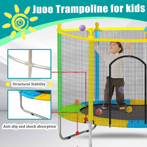 Juoe 5 FT Toddler Trampoline for Kids with Basketball Hoop & Ball, Indoor/Outdoor Rebounder with Enclosure Net, ASTM Approved, Supports Up to 440 lbs,Ideal Gift for Boys & Girls