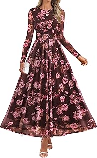 ZESICA Women's Maxi Dress 2026 Spring Long Sleeve Crewneck Floral Print Mesh Ruched Party Wedding Guest Dresses