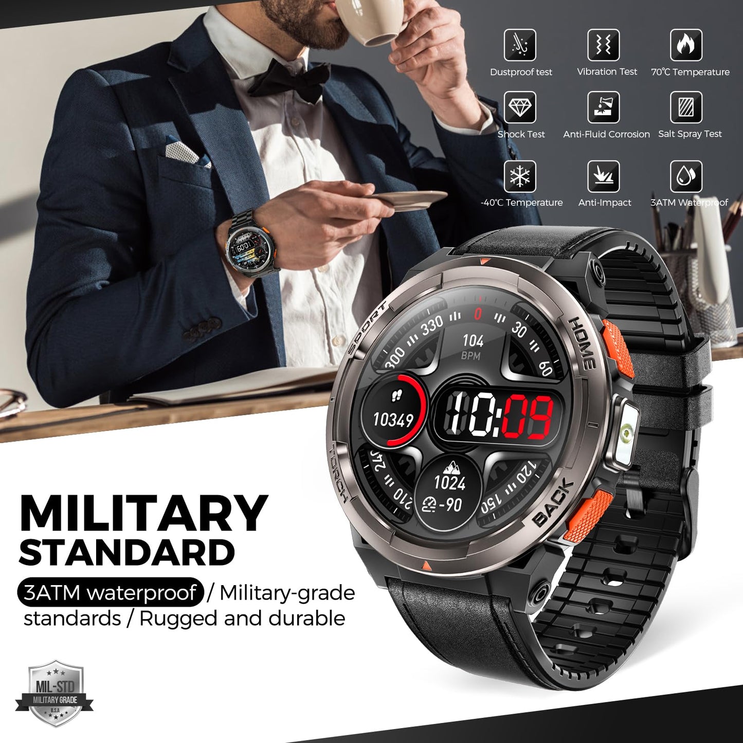 Ke5 Military Smart Watch For Men With Flashlight Sos 3Atm Waterproof Watch 530Mah Big Battery 1.45 Rugged Tactical Smartwatch W