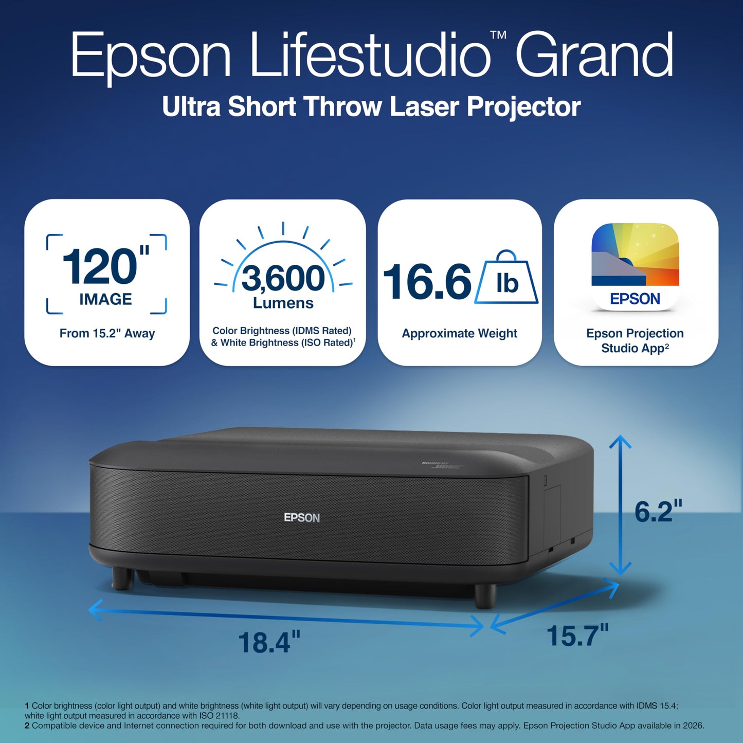 Epson Lifestudio Grand Ultra Short Throw Laser Projector 4K PRO-UHD, 3,600 Lumens of Color and White Brightness, Sound by Bose Technology, Google TV with Gemini, 3-Chip 3LCD Technology, HDR - Black