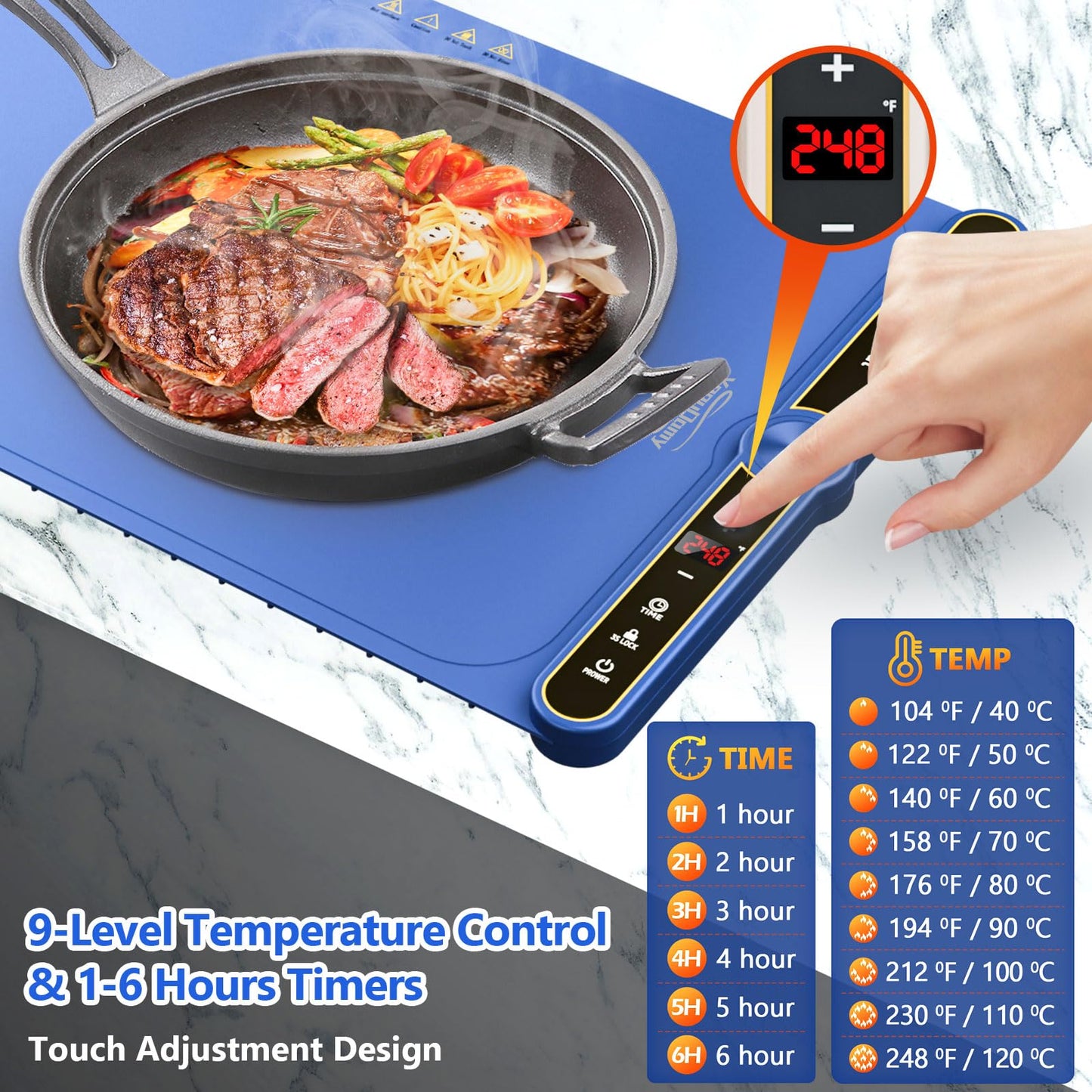 Warming Mat for Food, Food Warming Mat, Electric Warming Tray for Buffets Party, 6 Gear Timed 9 Gear Temperature Controlled 18H Auto Power Off Full Surface Rapid Heating Mat for Food, Home Daily Use