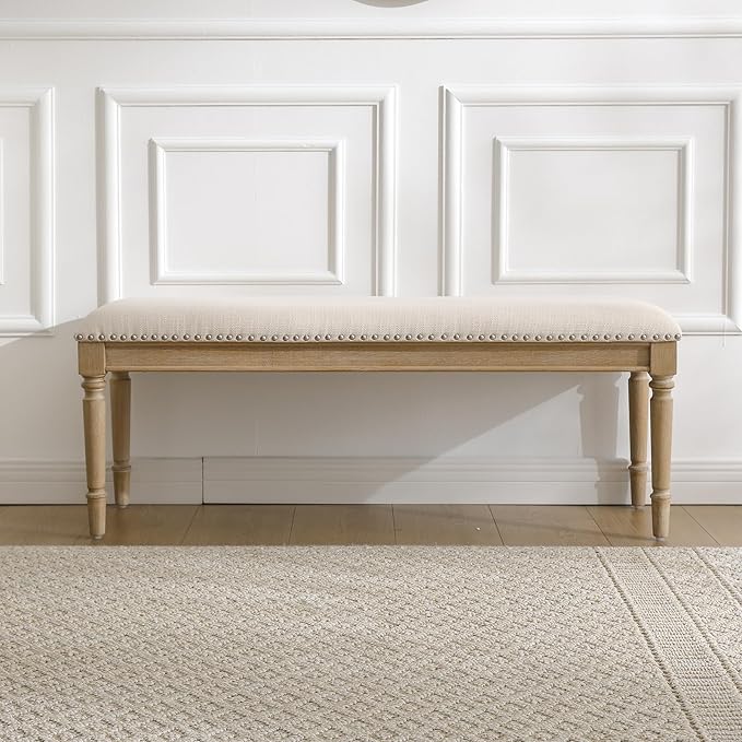 DM Furniture 46'' French Country Entryway Bench Wooden Linen Fabric Upholstered Seat Dinng Bench with Nailhead Trim for Hallway End of Bed, Beige