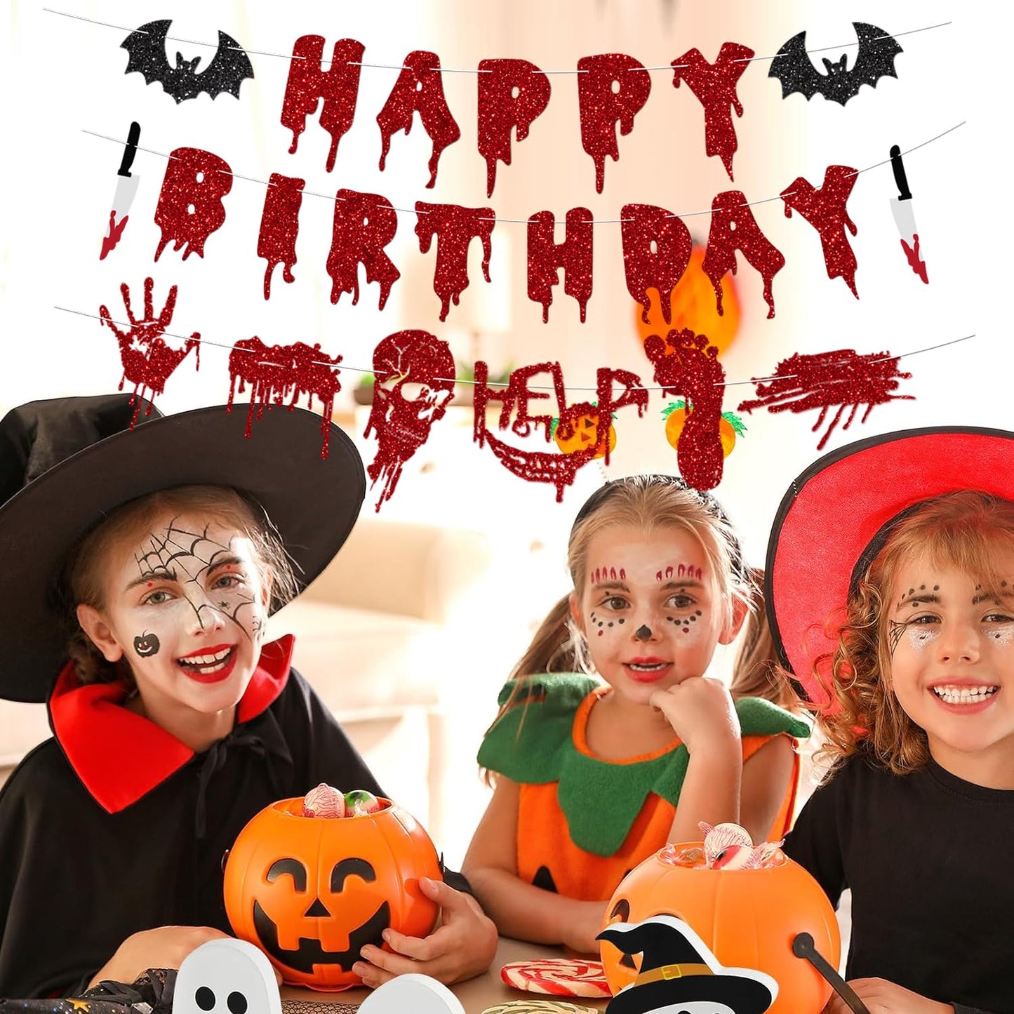 Red Glittery Halloween Birthday Decorations Banner Horror Halloween Bat Happy Birthday Banner for Bat Vampire Halloween Hocus Pocus Birthday Decorations Supplies