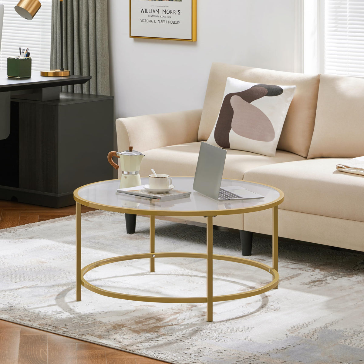 Yaheetech Gold Glass Coffee Table for Living Room, 36" Round Glass Coffee Table with Metal Frame, Circle Coffee Table for Home, Office, Apartment