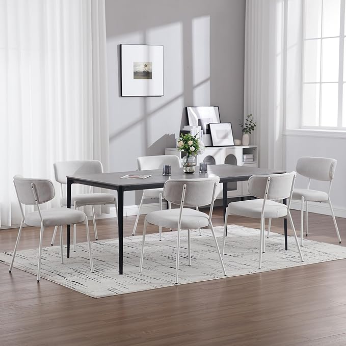 KCC Modern Mid-Century Velvet Dining Chairs Set of 6, Upholstered Stylish Kitchen Chairs Accent Diner Chairs with Metal Legs and Curved Back for Kitchen, Dining Room(White)