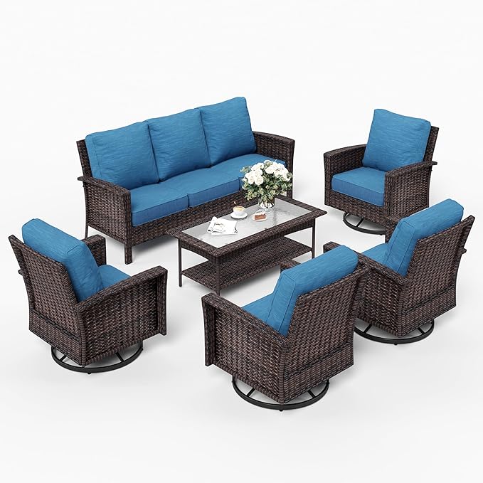 SUNSHINE VALLEY 6 Pieces Patio Furniture Set with Swivel Chairs, High Back Wicker Rattan Sofa with Extra Thick Cushion and Coffee Table, Outdoor Conversation Set for Garden Backyard Deck, Blue