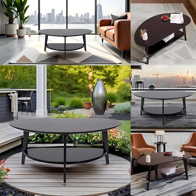 NAVREX Mid Century Modern Coffee Table, Oval Coffee Tables with Storage for Living Room, 2 Tier Solid Wood Center Table, Black Coffe Tables, Easy Assembly, 40.2" D x 22" W x 17.7" H