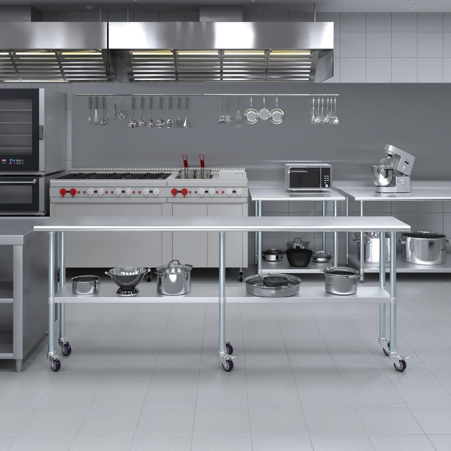 AmGood 18 in. x 96 in. Stainless Steel Work Table with Wheels | Metal Kitchen Food Prep Table | NSF