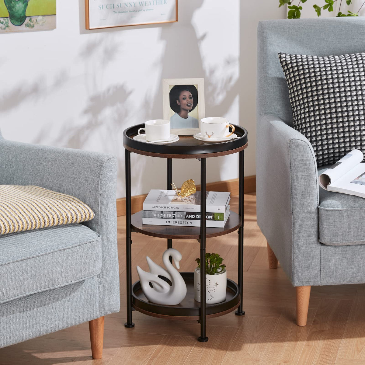 YEAKOO Industrial Nordic End Table, 3-Tier Round Side Table with Storage Shelf Edge Protection Tray, Sturdy Metal Frame Coffee Table Bedside Table for Living Room Bedroom Small Spaces/Rustic Brown