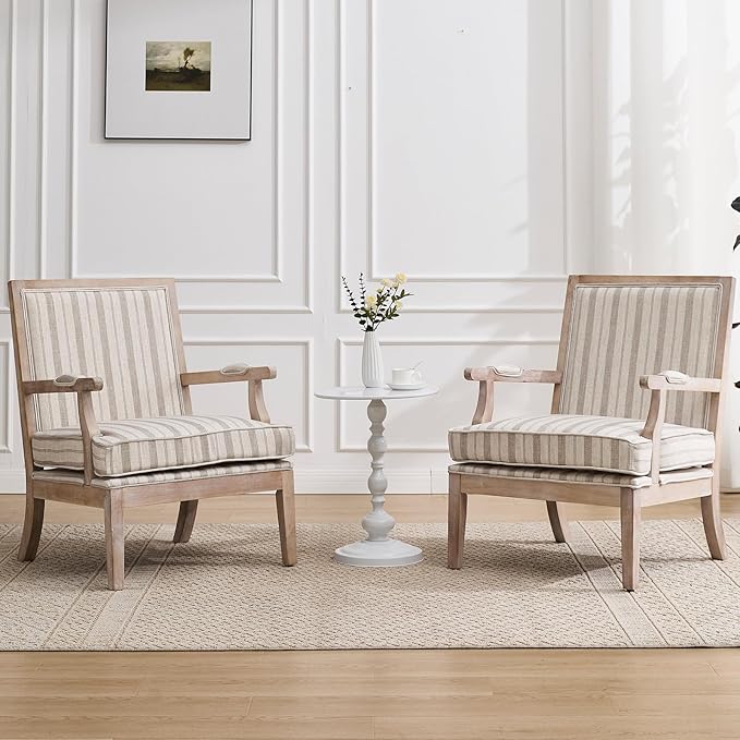 DM Furniture Mid Century Modern Accent Chair Upholstered Living Room Chairs with Armrest Linen Comfy Lounge Armchair Retro Solid Wood Reading Chair for Bedroom, Guest Room, Balcony, Khaki Stripe