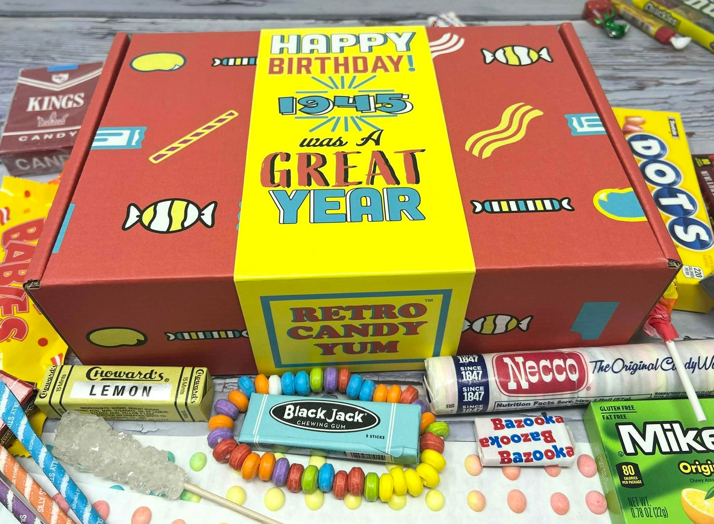 RETRO CANDY YUM ~ 80th Birthday Nostalgic Candy Gift Basket Box Assortment from Childhood Memories for Woman or Man Born 1945 jr