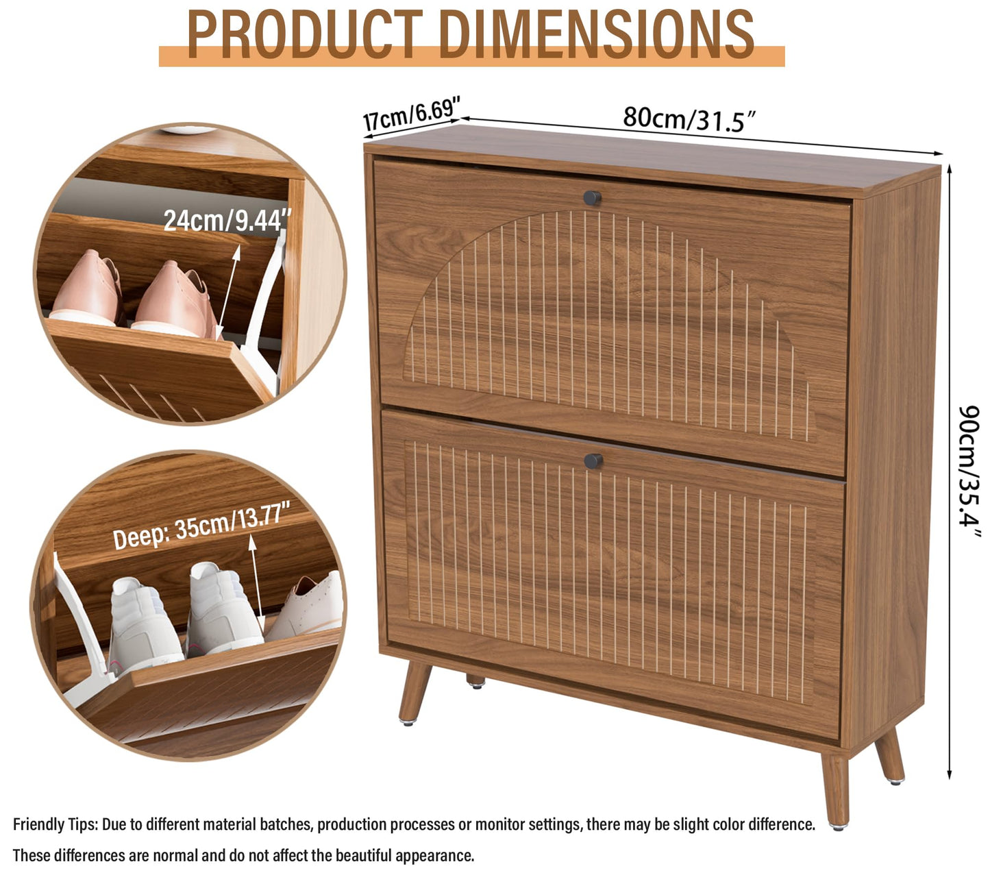 Fsbecl Shoe Storage Cabinet for Entryway with 2 Flip Drawers, Narrow Wood Shoe Cabinet with Fluted Panel, Freestanding Hidden Shoe Organizer for Foyer, Hallway (Walnut - No Shelf)