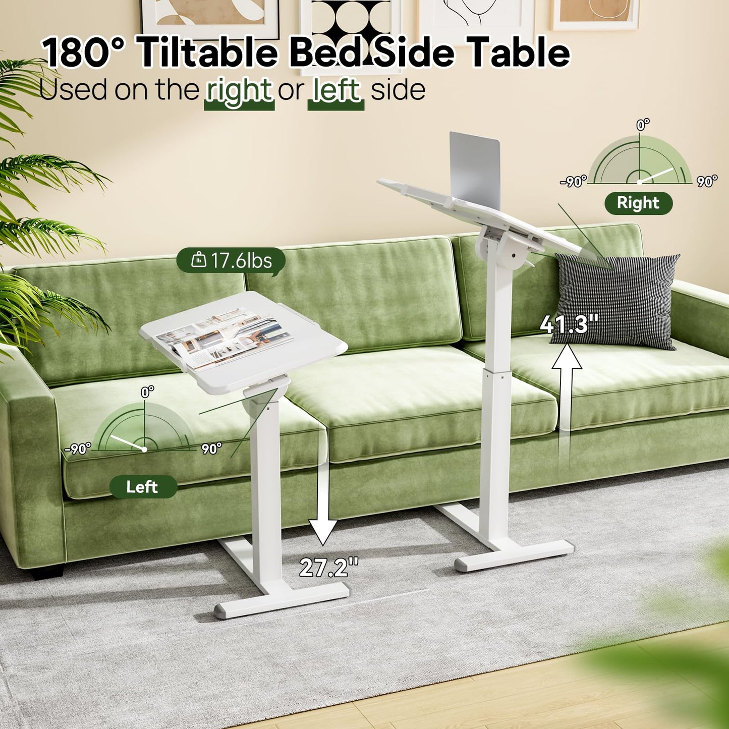 Gibbon Mounts Rolling Laptop Desk, 180° Tiltable Mobile Standing Desk Height Adjustable, Overbed Bedside Table, Portable Computer Desk with Wheels, Foldable Laptop Cart for Home Office, White