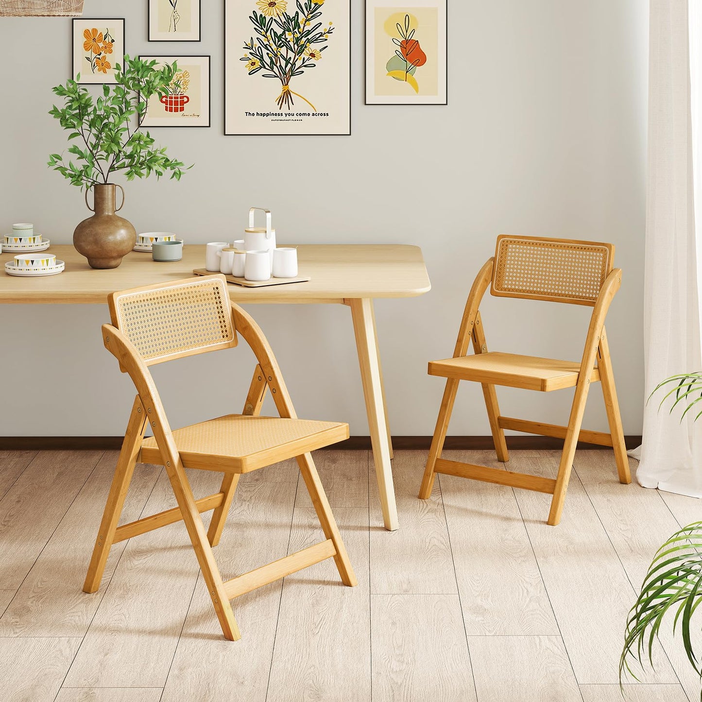 Giantex Rattan Folding Chairs Set of 2, Bamboo Dining Chairs with Rotatable Backrests, Max Load 330 lbs, Boho Kitchen Side Chair for Living Room, Restaurant, No Assembly, Natural