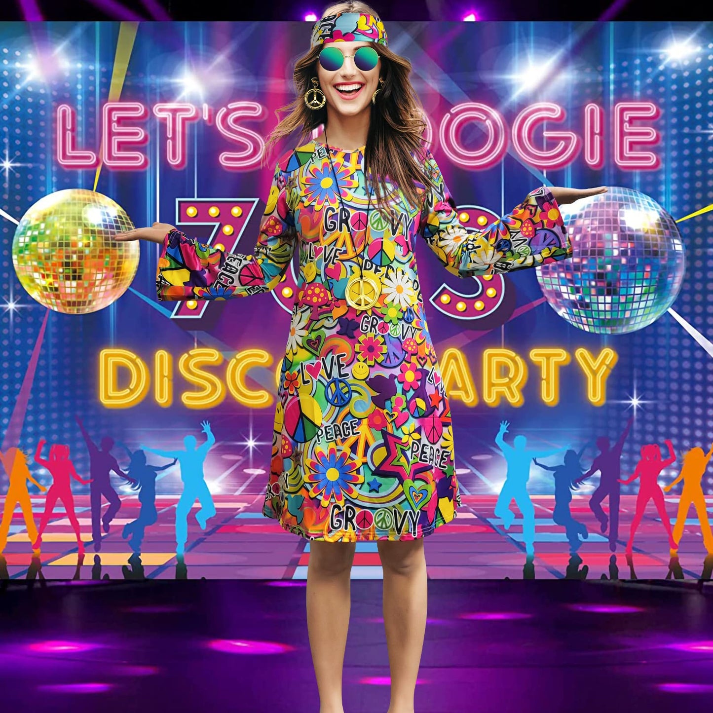 MRYUWB 70s Hippie Dress Costumes Necklace Earrings Sunglass Women Disco Outfit, 60s Party Costume, Halloween Retro Dresses (Love and Peace, L)