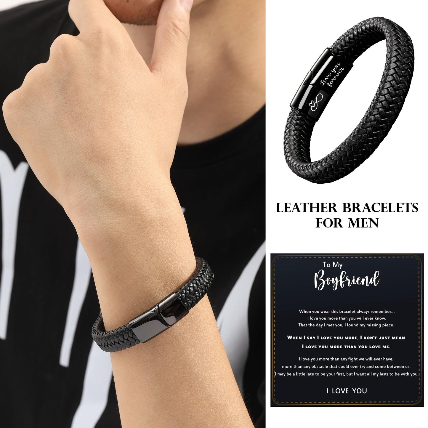 Btysun Boyfriend Gifts Cool Leather Bracelets for Men I Love You Gifts for Him Infinity Mens Bracelet Braidad Black Fathers Day Birthday Gift for Boyfriend Birthday Anniversary Jewelry