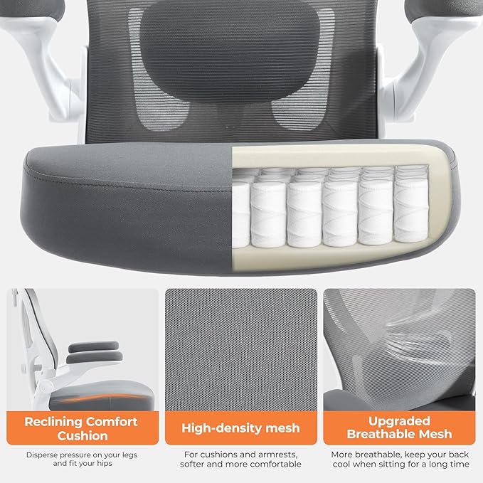 shipborne Office Chair Ergonomic Office Chair with Lumbar Support, Head Support, Rocking Function, FILP-up Armrests, Mesh High Back Chair Home Office Desk Chair, Suitable for Home, Office, Grey