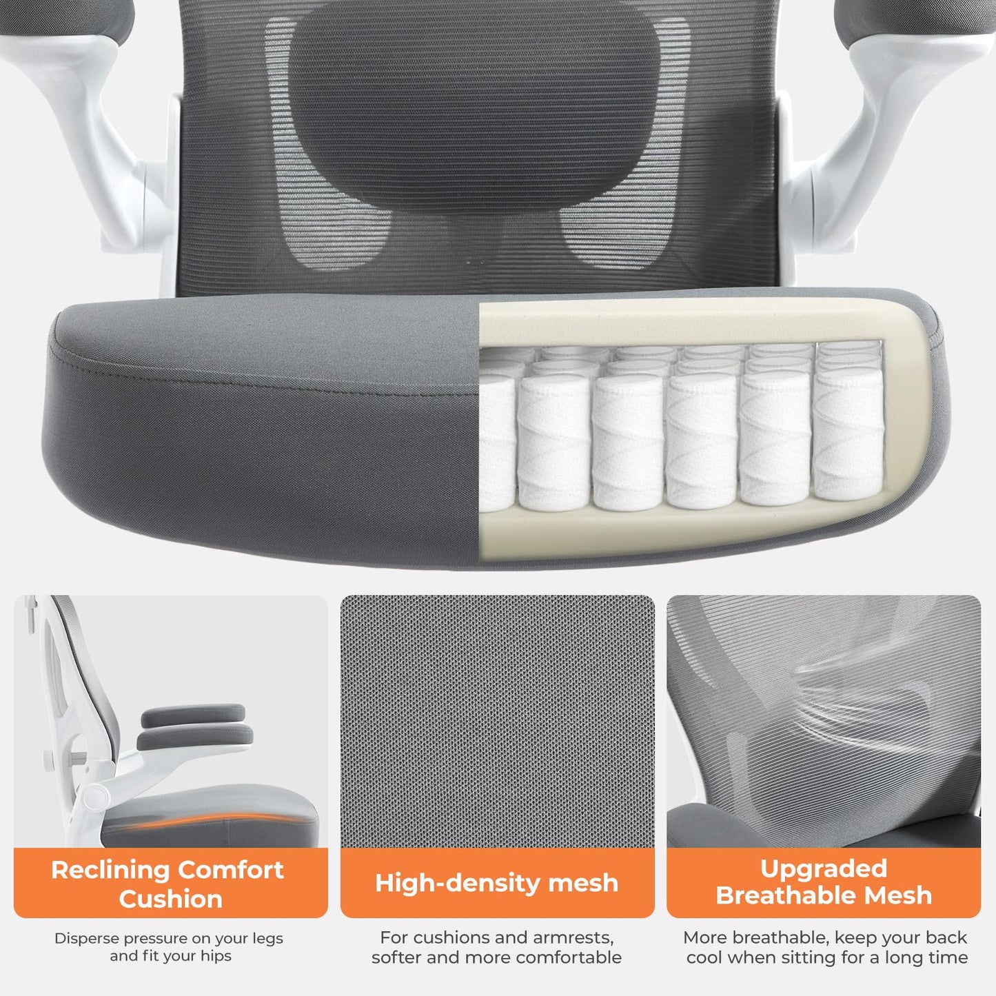 shipborne Office Chair Ergonomic Office Chair with Lumbar Support, Head Support, Rocking Function, FILP-up Armrests, Mesh High Back Chair Home Office Desk Chair, Suitable for Home, Office, Grey
