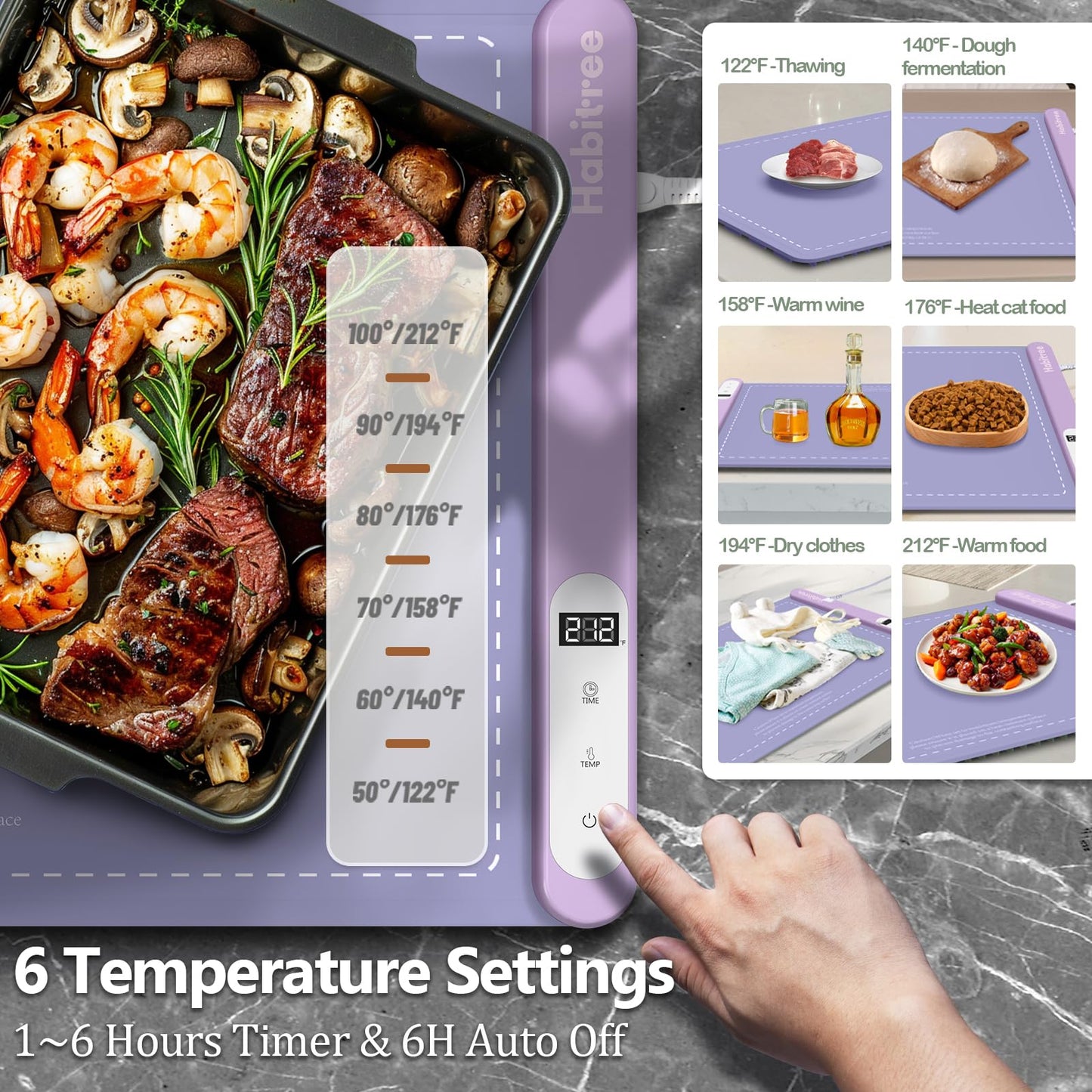 3-Pack Silicone Food Warming Mat & Food Warmers for Parties Buffet - Rapid Heating 6-Level Temp Control, Rollable Portable Easy Clean - Value Set for Gatherings & Home Daily UseοΌPurpleοΌ