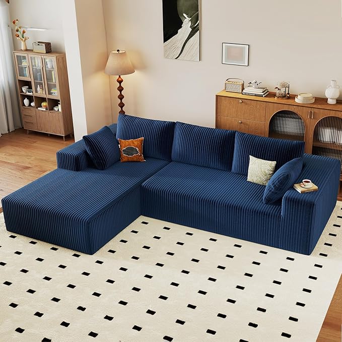 96" Cloud Sectional Couch with L-Shape Chaise, Modern Corduroy Boneless Couch for Living Room,Memory Foam Sofa with Deep Seat,No Assembly Required (Blue,Left-Facing Chaise)