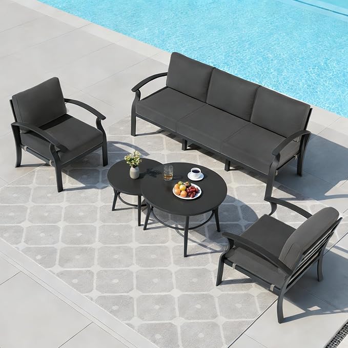 RTDTD Aluminum Outdoor Patio Furniture Set,5 Seats Patio Conversation Sets with 2 Round Coffee Tables,Metal Patio Sectional Furniture Set with 5.1" Thickened Cushions,Black
