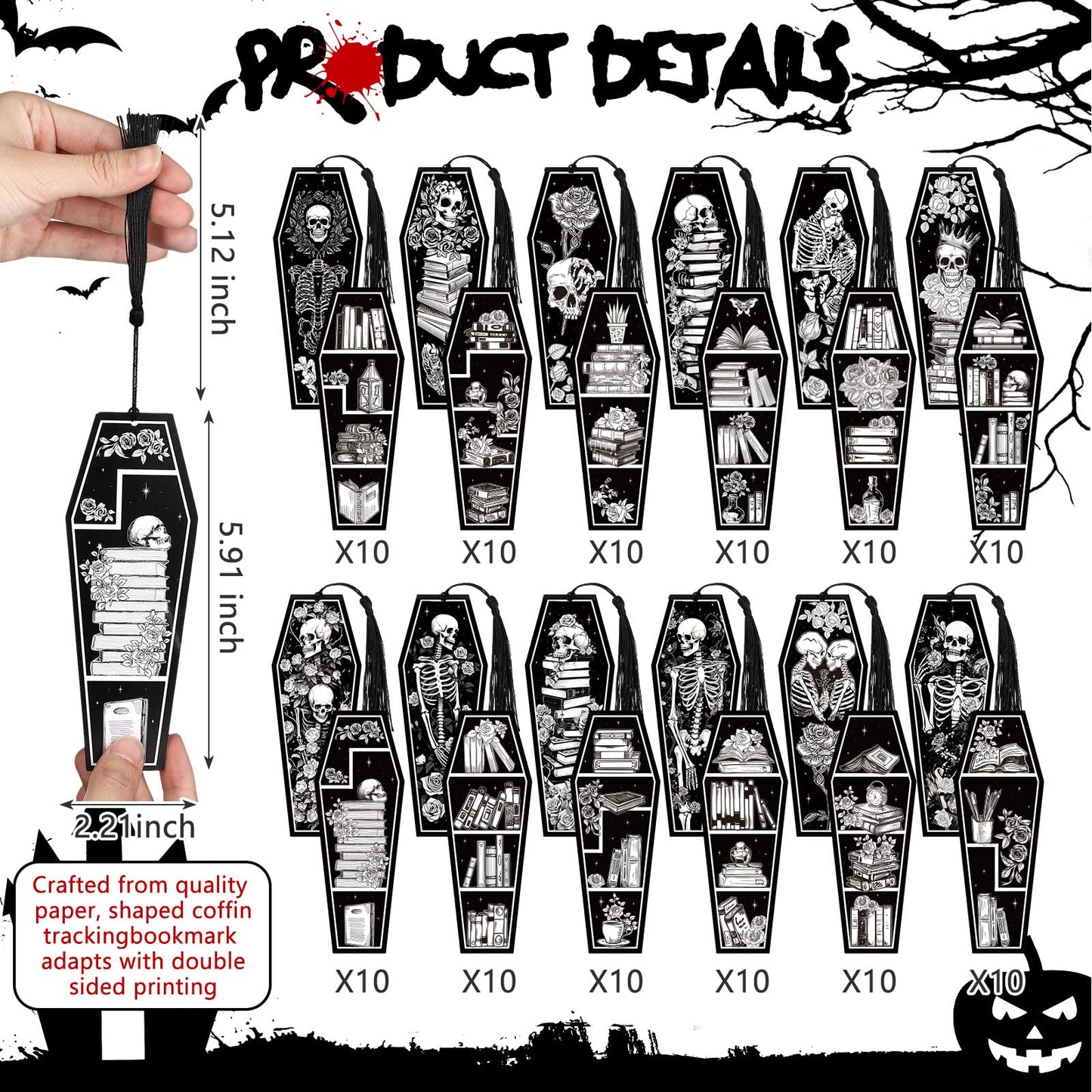 Kolldenn 120 Pcs 12 Styles Gothic Skeleton Coffin Bookmarks Double Sided Book Tracker Skull Horror Bookmark Gothic Book Marker with Black Tassels for Reading Lovers Gifts Accessories (Halloween)