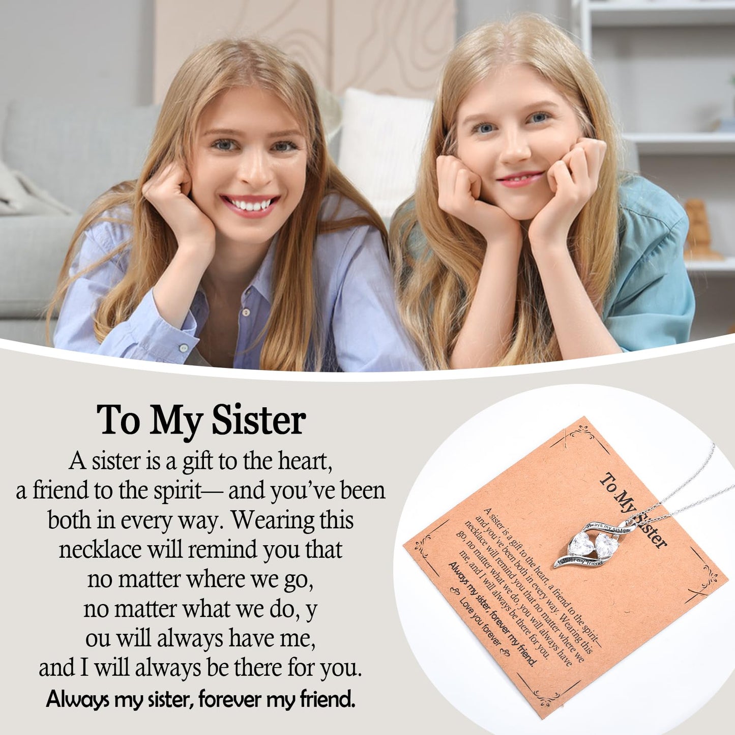 PODLEV Sister Gifts from Sisters Brother, Silver Infinity Double Heart Cubic Zirconia Pendant Charm Necklace for Gifts Women, Birthday Anniversary Graduation Christmas Jewelry Present To My Sister