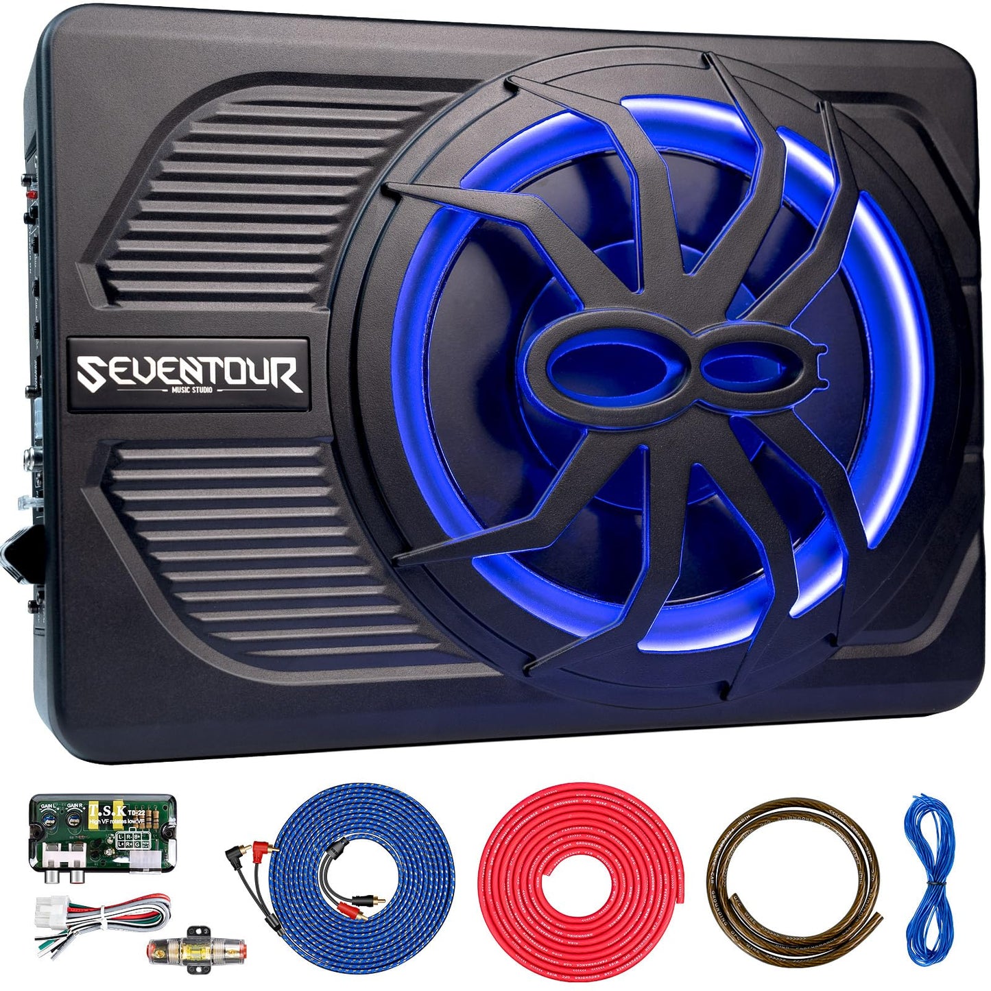 Seventour 10 800W Slim Under Seat Powered Car Subwoofer, Car/Truck Audio Sub Built in Amplifier, New Upgrade with Blue LED Ambient Light -Like New