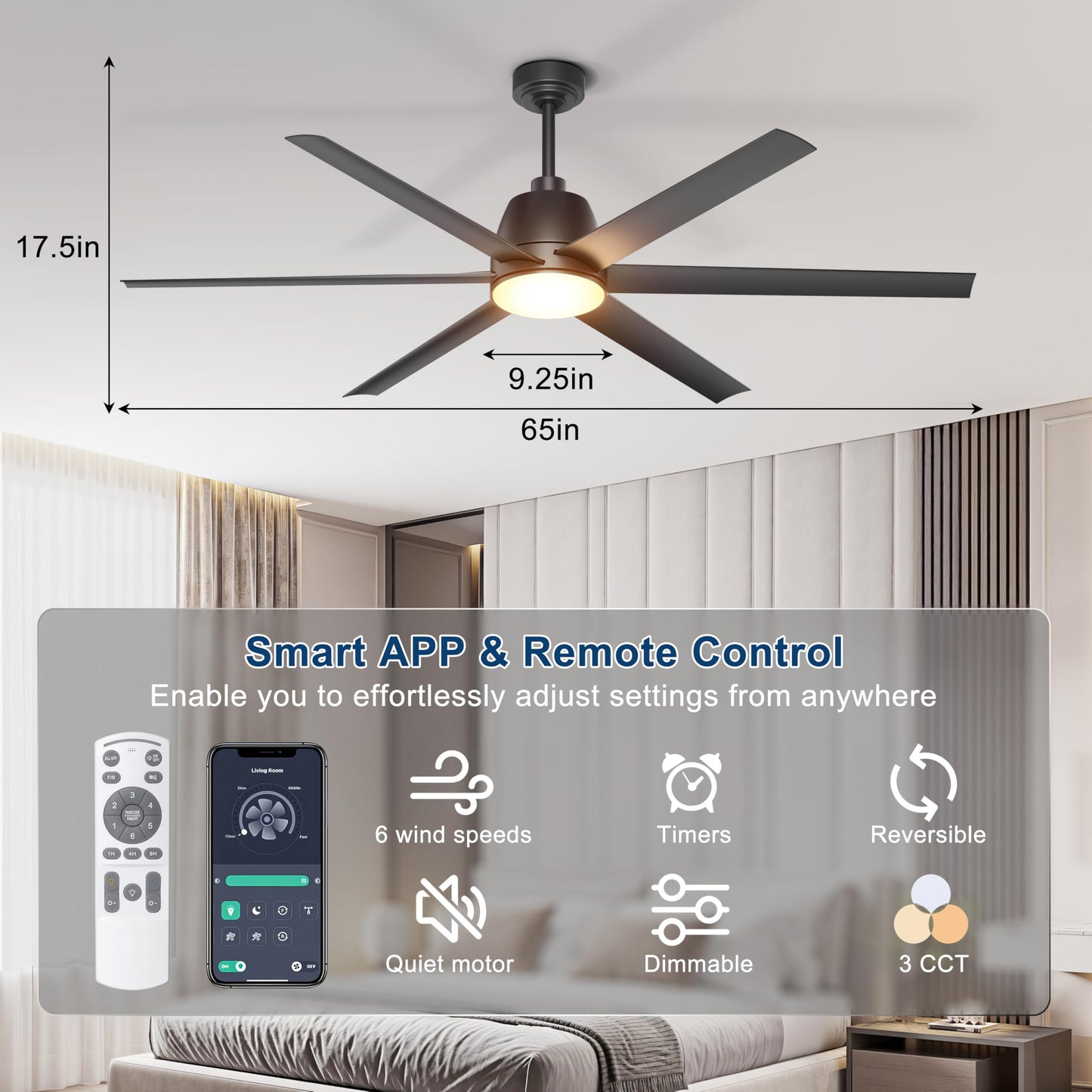 Phylluz 65 Inch Ceiling Fan With Lights - Black Ceiling Fan With Remote & App Control, 3Cct, Dimmable, Quiet Reversible Dc Motor