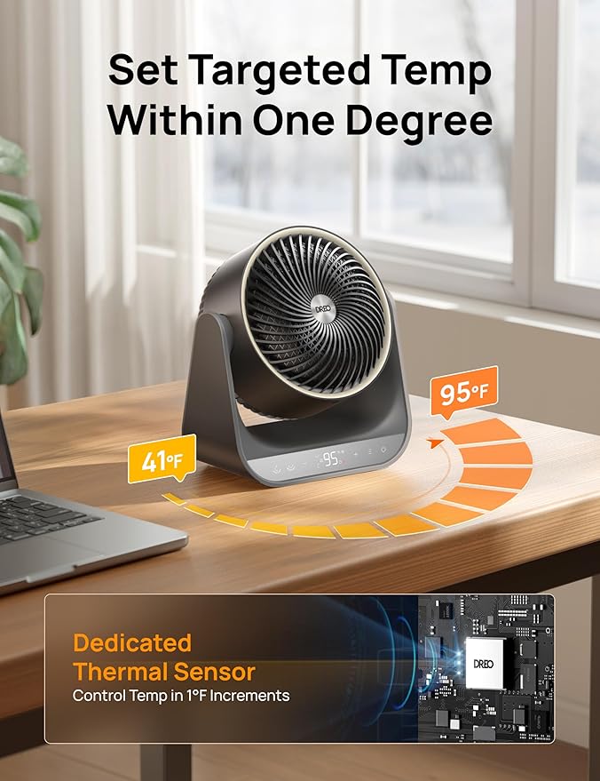 DREO 60ยฐ Vertical & 90ยฐ Horizontal 3D Oscillating Heating, 12 ft/s Long-Range Circulator, 3 Heat & 3 Fan Settings, Space Heaters for Indoor Use, Bedroom, Office, Grey