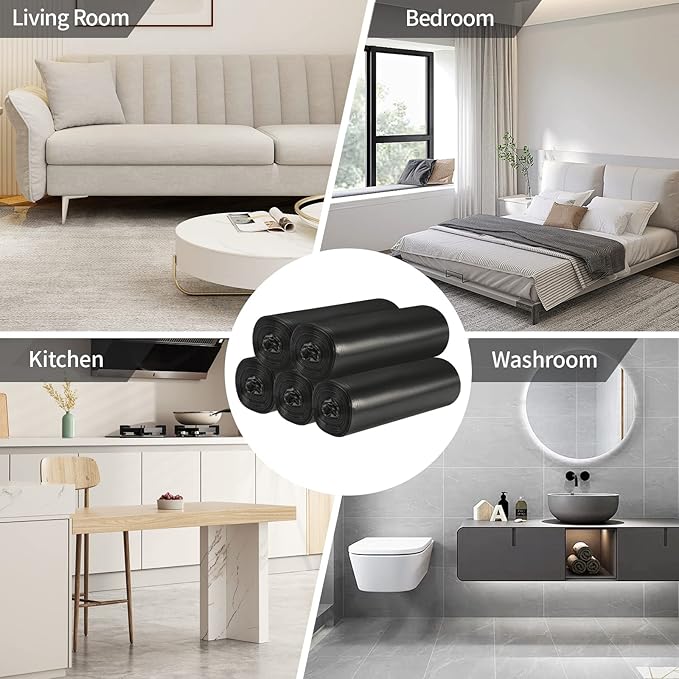 5 Rolls Small Trash Garbage Bags, 4 Gallon Strong Thin Material Disposable Kitchen Garbage Bags, Durable Plastic Trash Bags for Office Home Bedroom Garden Waste Bin, 100 Counts (Black)