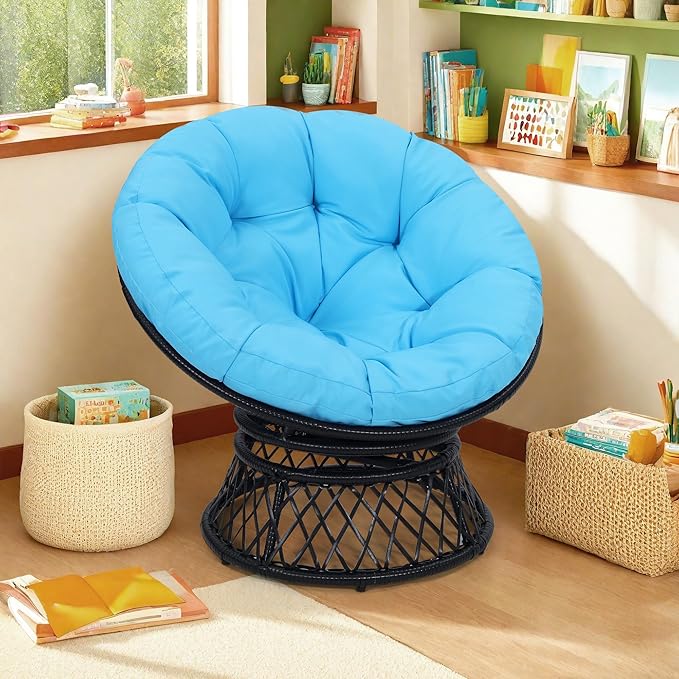 40" Ergonomic Wicker Papasan Chair, 360° Swivel Indoor Outdoor Rattan Chair with Soft Thick Cushion, Ideal for Living Room, Bedroom, Reading Room, Black Frame with Blue Cushion