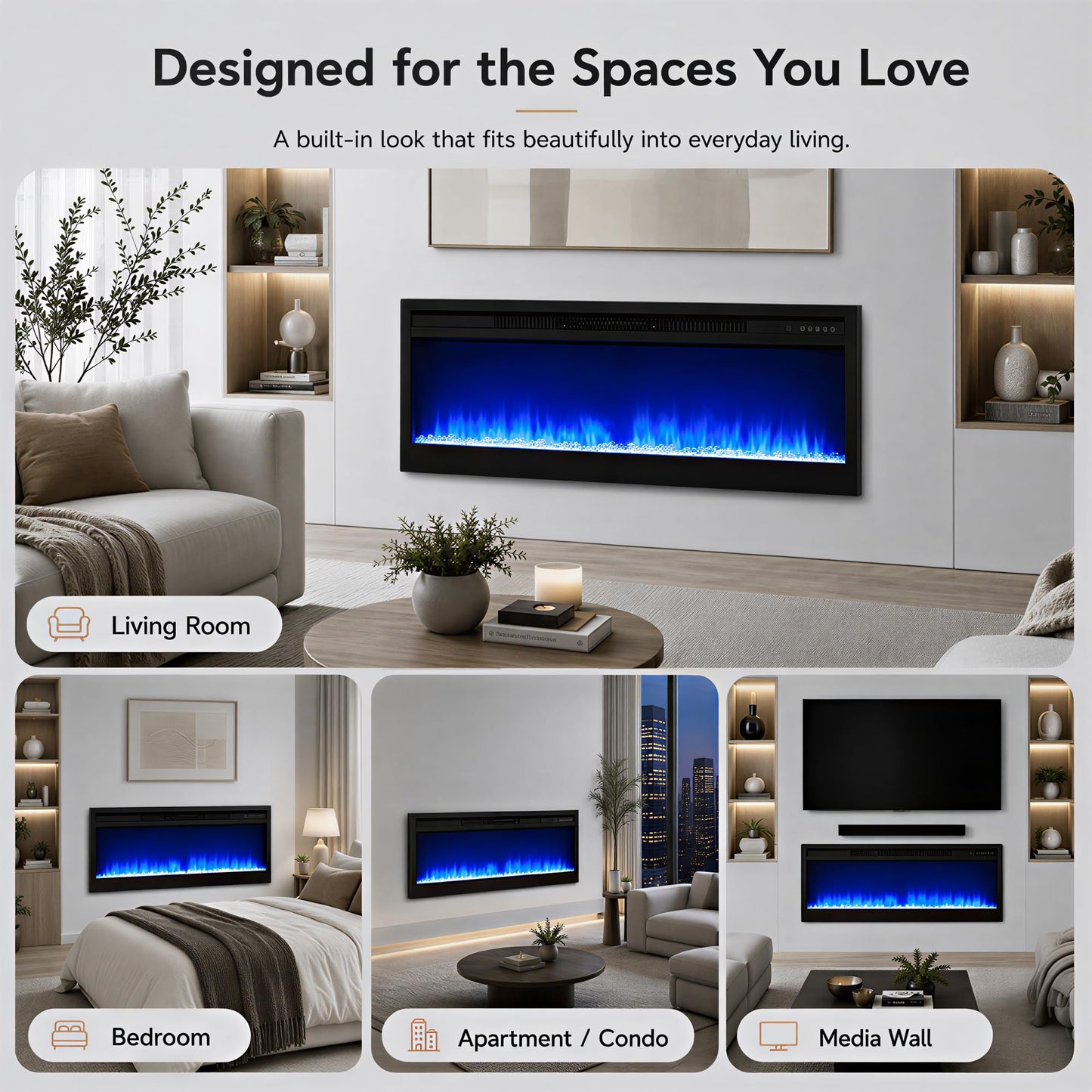 MEGAWISE 43 Inch Recessed Electric Fireplace Heater, Built-in Wall Fireplace Insert, 1400W, Remote & Touch Control, 7 Flame & Ember Bed Colors, Adjustable Thermostat, Timer, Black