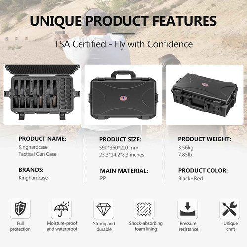 Kinghardcase TSA Gun Case for 7 Handguns - Waterproof & Shock Proof Handgun Case for 7 Pistols & 16 Magazines, Pistol Case Hard Shell for Glock, Beretta, Smith and Wesson