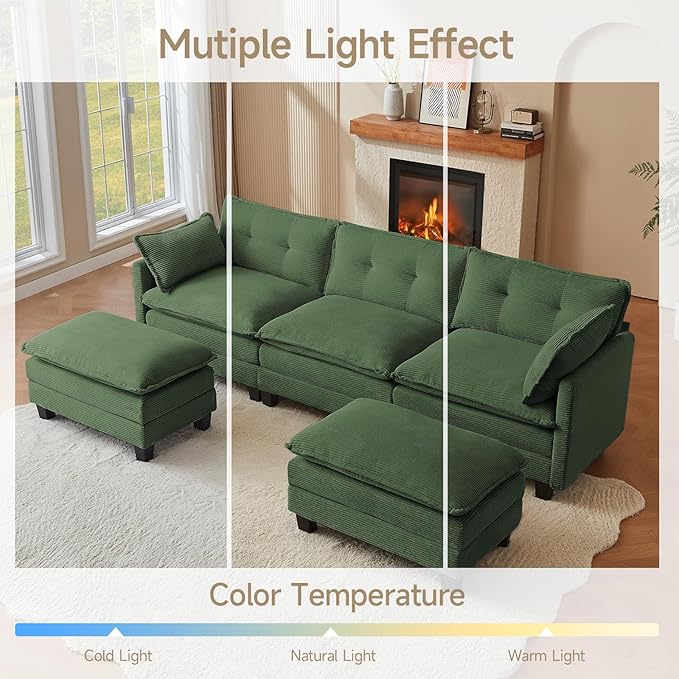 Amsleekey Modular Sectional Sofa, 111.5" U-Shaped Corduroy Comfy Sectional Couches for Living Room, 3-Seater Cloud Couches with 2 Movable Ottomans, Flexible Combination Modern Deep Seat Sofa (Green)
