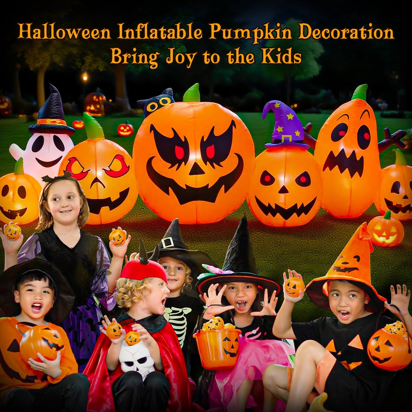 HUECLOR 9 FT Halloween Inflatables Pumpkin Outdoor Decorations with Cute Chost Cat and Witch Hat Built-in LEDs Blow Up Pumpkin for Party Yard Lawn Garden Outside Decor