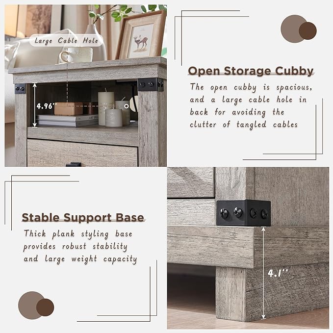 RedLemon Farmhouse Nightstand Set of 2 with Charging Station, 18" Rustic Night Stand with 2 Storage Drawers, Wood End Table for Bedroom, Living Room, Light Rustic Oak
