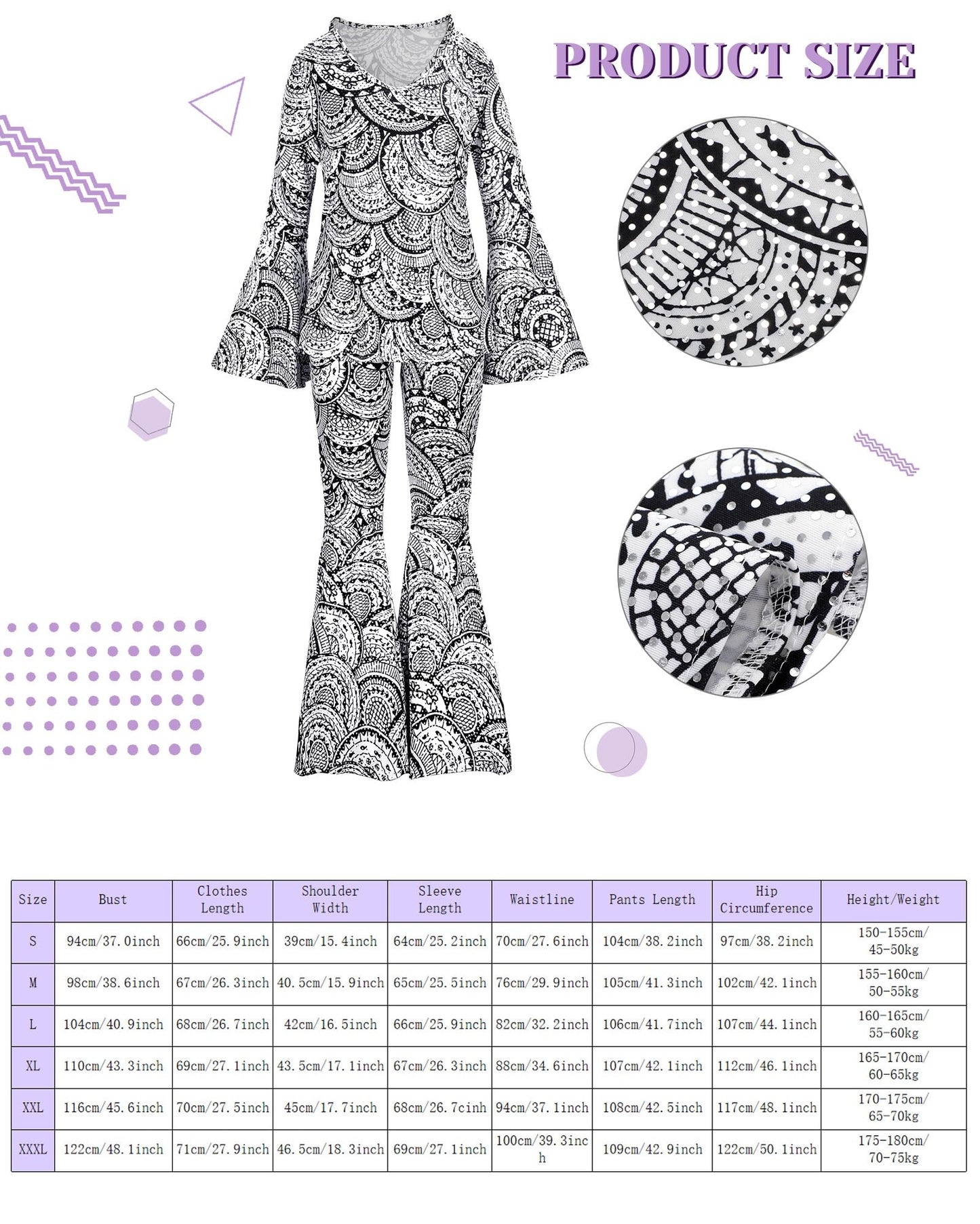 Jexine 7 Pcs 60s 70s Disco Outfits for Women Disco Party Costume Set Top Pants Sunglasses Ball Necklace Earring Wig Halloween(Small,Classic Style)